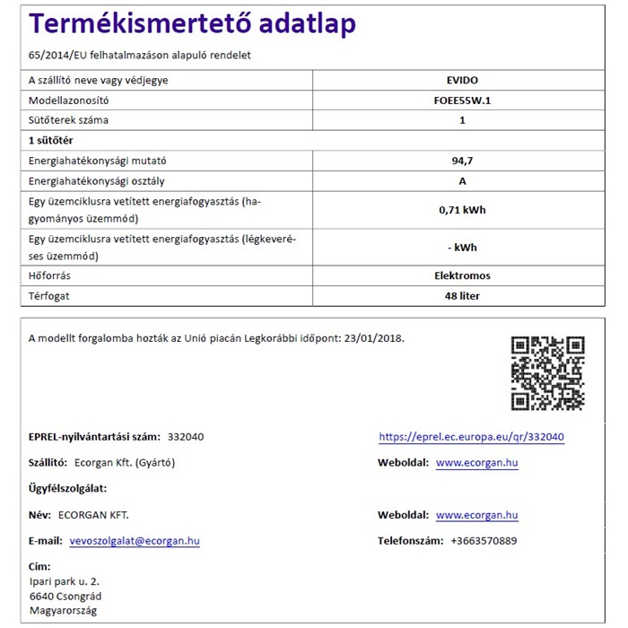 EVIDO FREE EE55W elektromos tűzhely,fehér,50*55cm