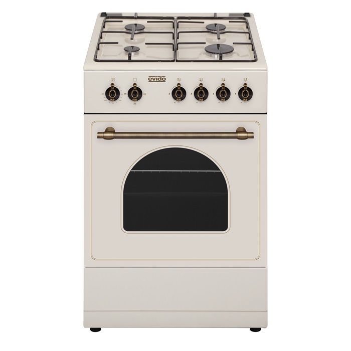 EVIDO FREE GE55C gáztűzhely, rusztikus design, 50x55 cm, elektromos sütő, 48 l, bézs/bronz