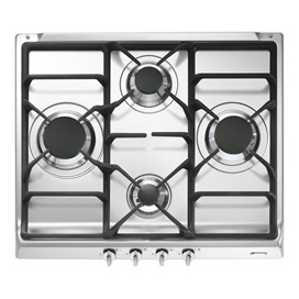 SMEG GÁZ FŐZŐLAP, Classic design, 60 cm, 4 gázégő, öntöttvas edénytartók, rozsdamentes acél, ezüst vezérlőgombok