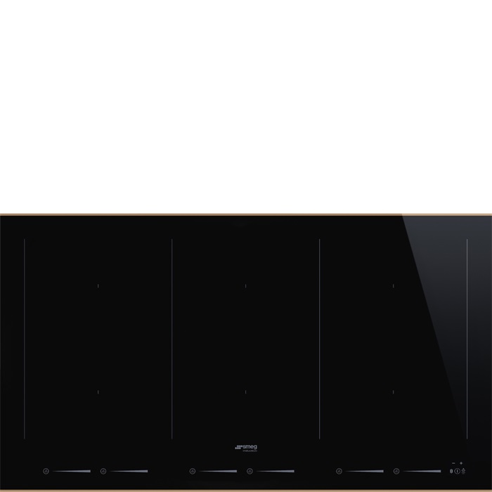 SMEG INDUKCIÓS FŐZŐLAP, Dolce Stil Novo design, 90 cm, 6 főzőzóna, 3 MultiZone híd zóna, fekete üveg, réz dísz