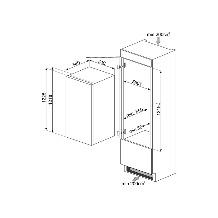 SMEG MUNKALAP ALÁ ÉPÍTHETŐ HŰTŐ ÉS FAGYASZTÓ, 54x122 cm, fordítható ajtó, fehér