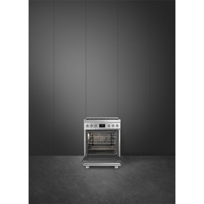 SMEG PIROLITIKUS SZABADONÁLLÓ TŰZHELY, Classica design, 60 cm, 1 sütőtér, indukciós főzőlap, inox