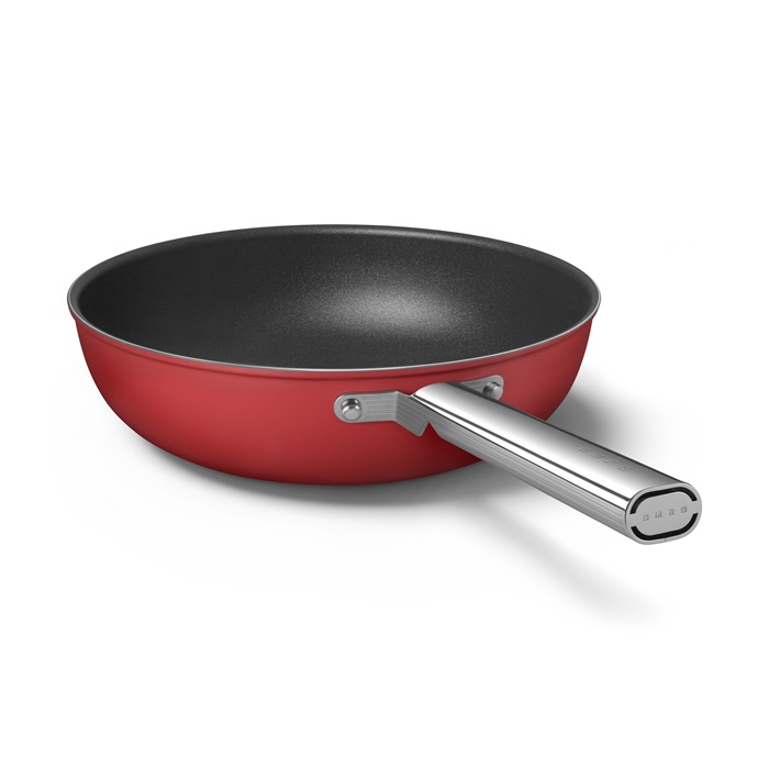 SMEG WOK SERPENYŐ, retro, rozsdamentes acél fogantyú, 30 cm, piros